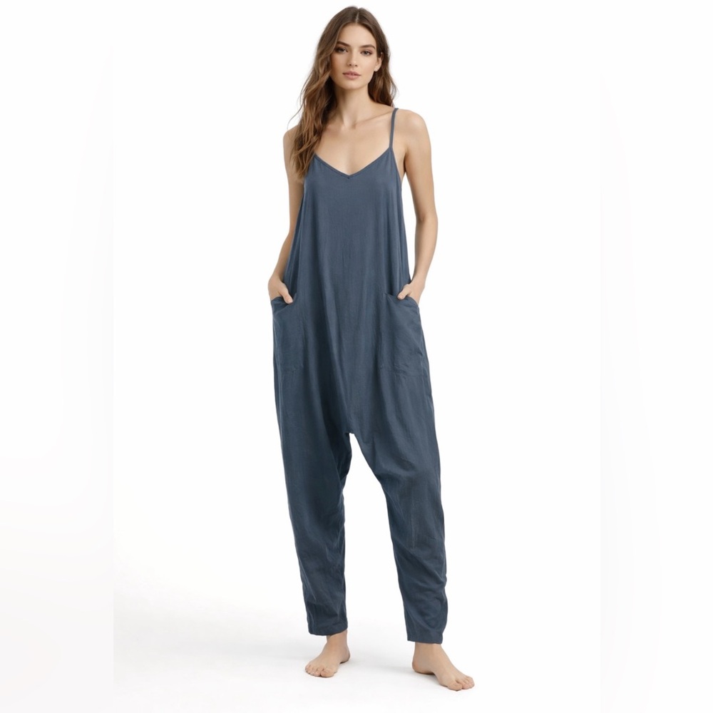 Barrel Leg Overalls Jumpsuit Adjustable Pockets Blueish Linen Cotton Blend Large